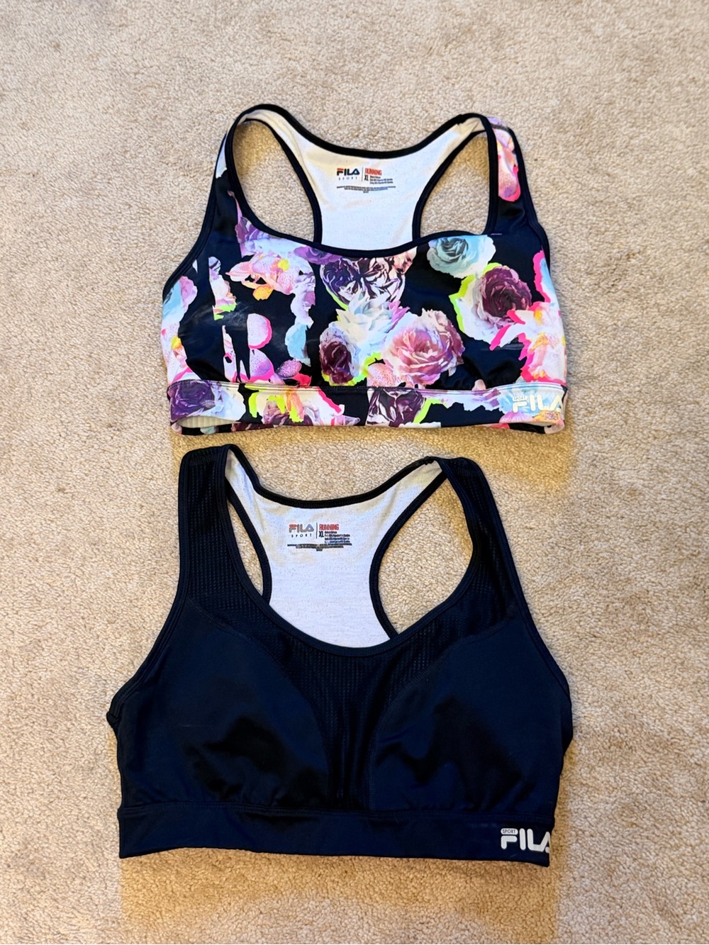 FILA Black Floral and Solid Racerback Sports Bras - Black with Multicolor Floral